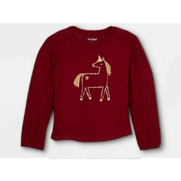 Cat & Jack™ Girl's Unicorn Cozy Long Sleeve T-Shirt Tops Burgundy XS - Picture 1 of 1